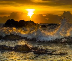 Preview wallpaper sea, waves, splashes, stones, sunset