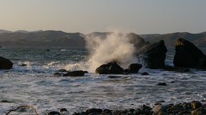 Preview wallpaper sea, waves, splashes, stones, shore, nature