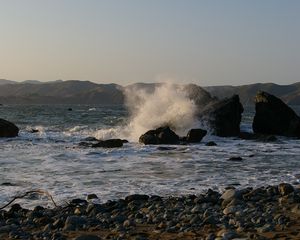 Preview wallpaper sea, waves, splashes, stones, shore, nature