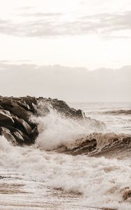 Preview wallpaper sea, waves, spray, stones, shore, surf