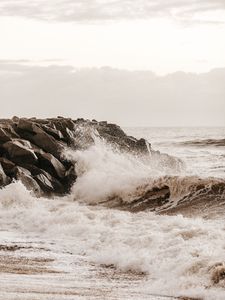 Preview wallpaper sea, waves, spray, stones, shore, surf