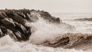 Preview wallpaper sea, waves, spray, stones, shore, surf