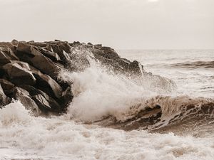 Preview wallpaper sea, waves, spray, stones, shore, surf