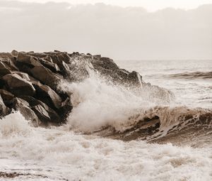 Preview wallpaper sea, waves, spray, stones, shore, surf