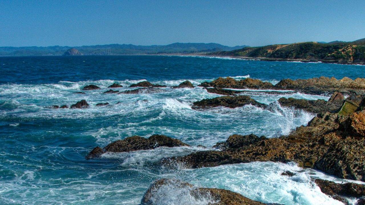 Wallpaper sea, waves, spray, rocks, shore