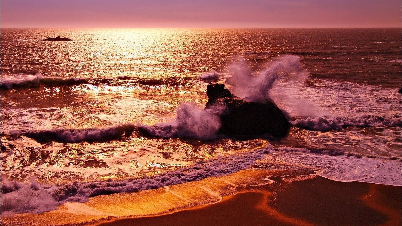 Wallpaper sea, waves, stone, splashes, evening, sand