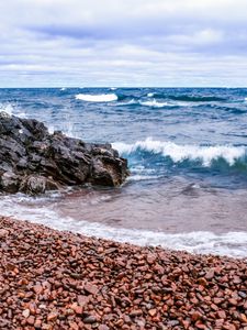 Preview wallpaper sea, waves, stones, shore, sky, nature