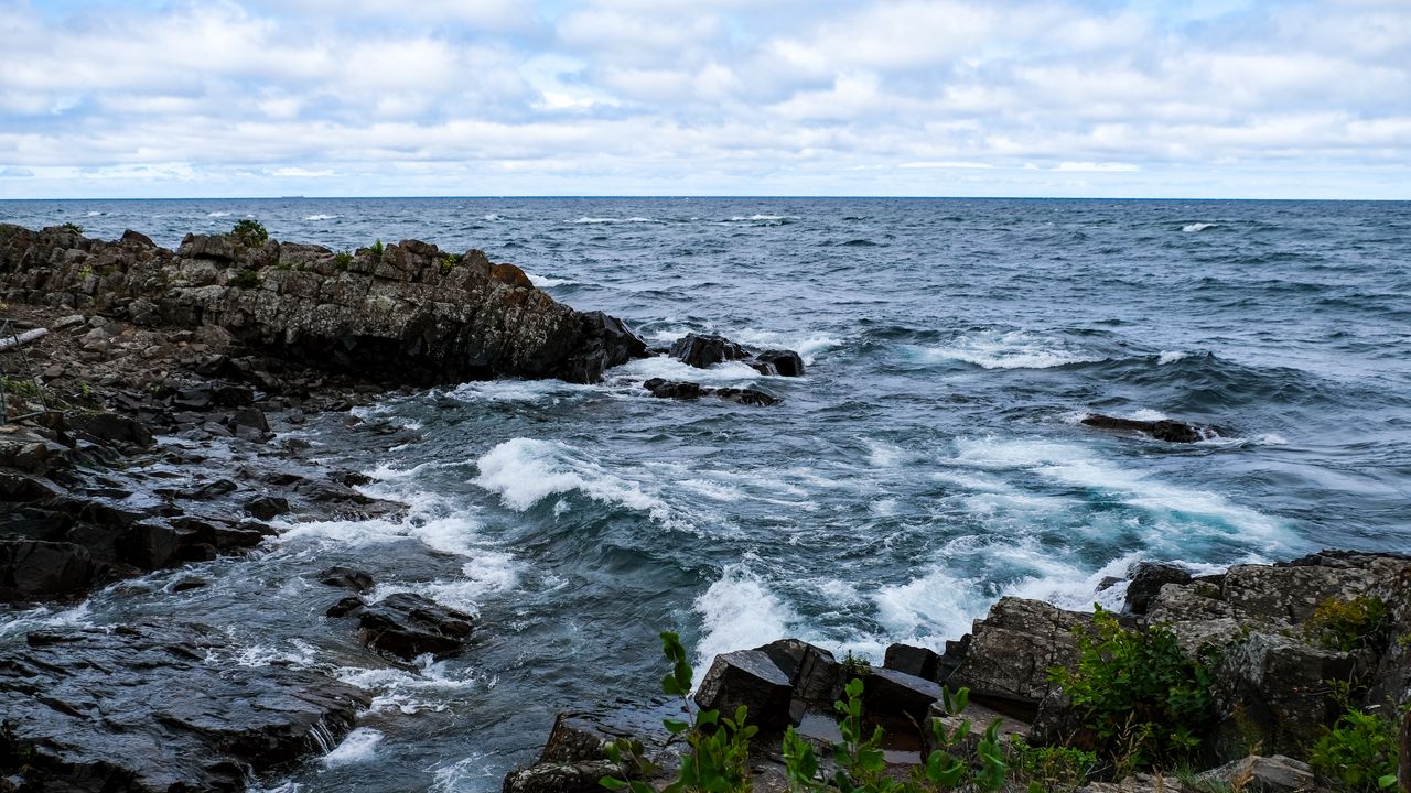 Wallpaper sea, waves, stones, rocks, landscape, horizon
