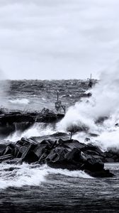 Preview wallpaper sea, waves, stones, landscape, black and white