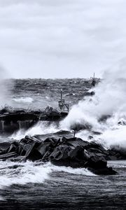 Preview wallpaper sea, waves, stones, landscape, black and white