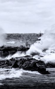 Preview wallpaper sea, waves, stones, landscape, black and white