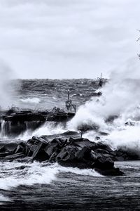 Preview wallpaper sea, waves, stones, landscape, black and white