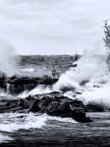 Preview wallpaper sea, waves, stones, landscape, black and white