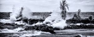 Preview wallpaper sea, waves, stones, landscape, black and white