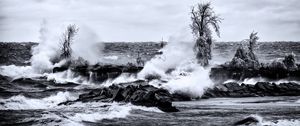 Preview wallpaper sea, waves, stones, landscape, black and white