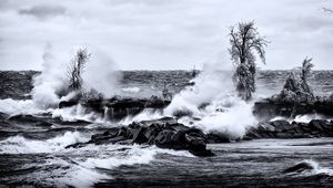 Preview wallpaper sea, waves, stones, landscape, black and white