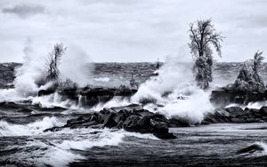 Preview wallpaper sea, waves, stones, landscape, black and white