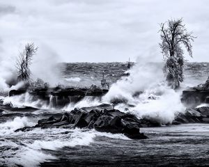 Preview wallpaper sea, waves, stones, landscape, black and white