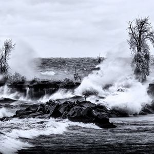 Preview wallpaper sea, waves, stones, landscape, black and white