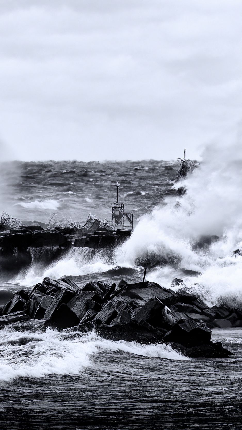 938x1668 Wallpaper sea, waves, stones, landscape, black and white