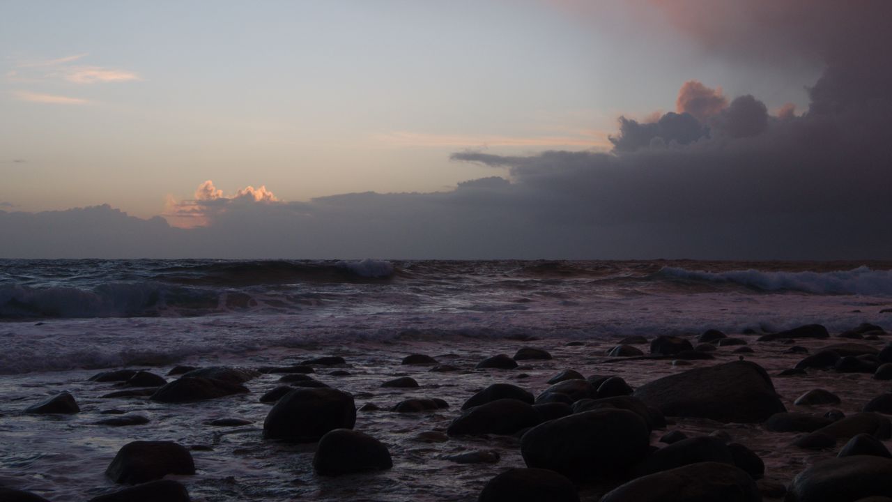 Wallpaper sea, waves, stones, sunset, nature