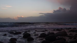 Preview wallpaper sea, waves, stones, sunset, nature