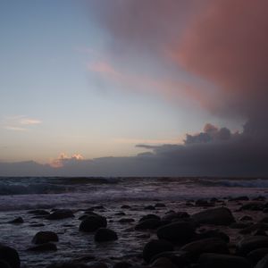 Preview wallpaper sea, waves, stones, sunset, nature