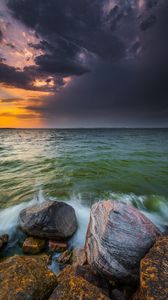 Preview wallpaper sea, waves, stones, sunset, landscape