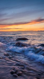 Preview wallpaper sea, waves, stones, sunset