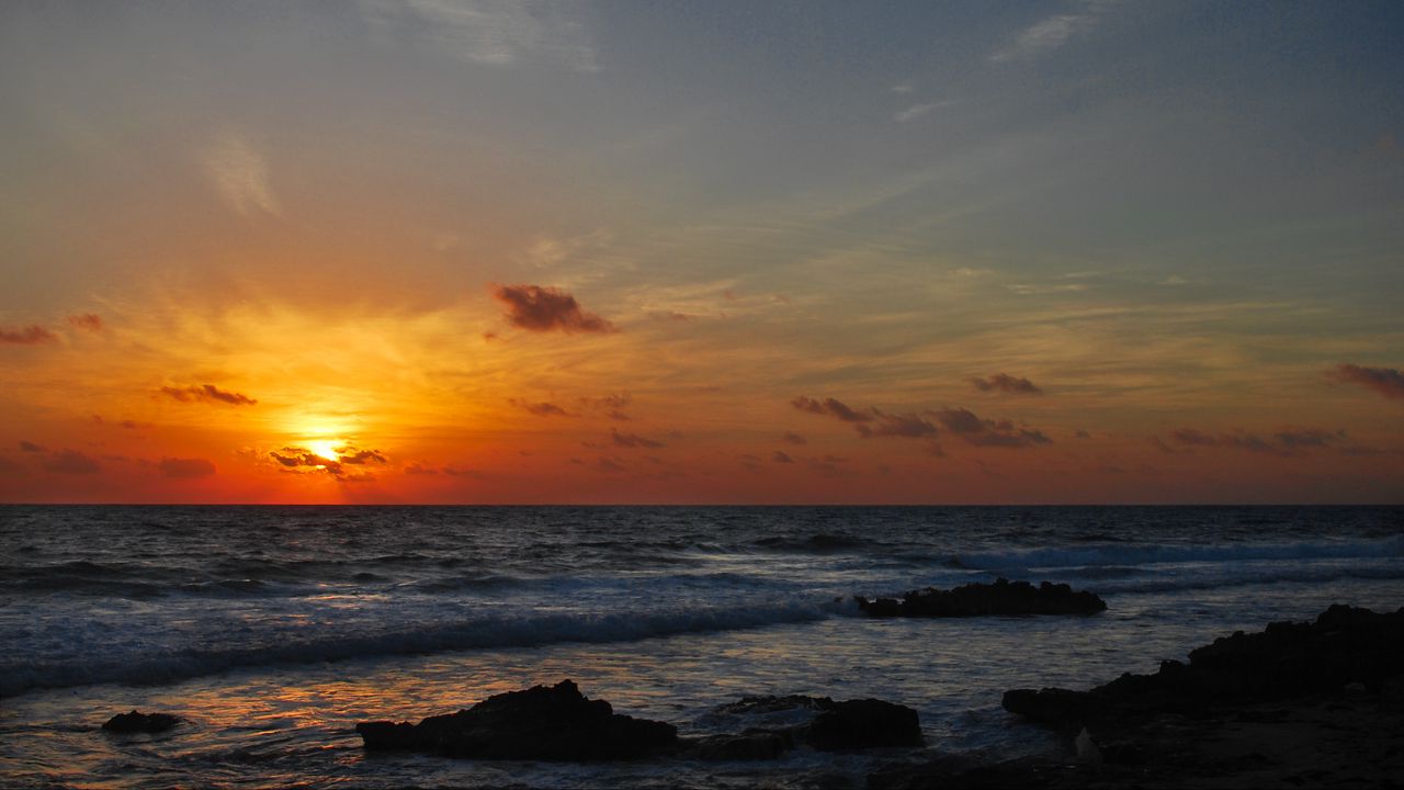 Wallpaper sea, waves, sunrise, horizon