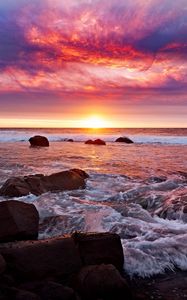 Preview wallpaper sea, waves, sunset, horizon, evening