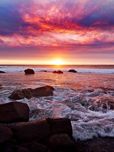 Preview wallpaper sea, waves, sunset, horizon, evening