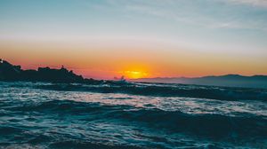 Preview wallpaper sea, waves, sunset, beach, dusk