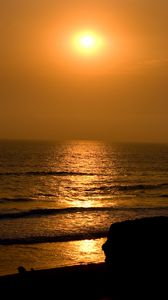 Preview wallpaper sea, waves, sunset, landscape, dark