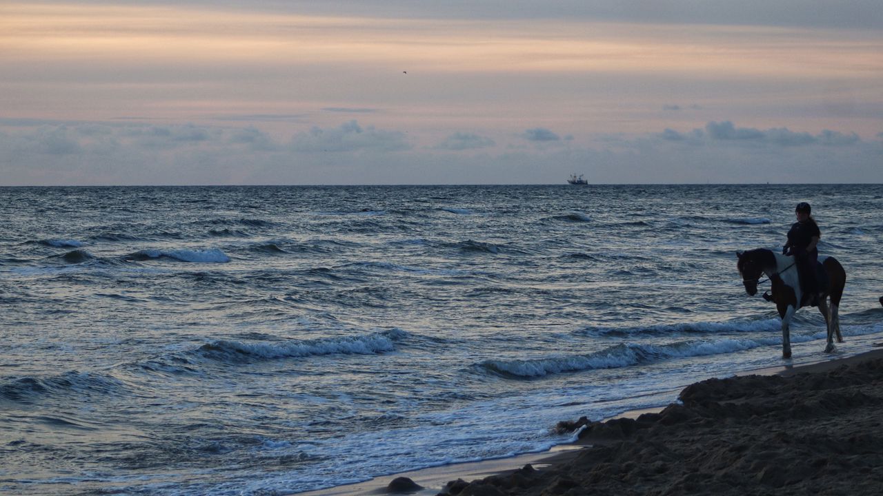 Wallpaper sea, waves, surf, ship, horizon, sunset, north holland