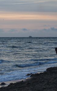 Preview wallpaper sea, waves, surf, ship, horizon, sunset, north holland