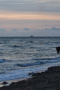 Preview wallpaper sea, waves, surf, ship, horizon, sunset, north holland