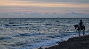 Preview wallpaper sea, waves, surf, ship, horizon, sunset, north holland