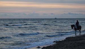 Preview wallpaper sea, waves, surf, ship, horizon, sunset, north holland