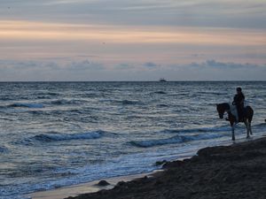 Preview wallpaper sea, waves, surf, ship, horizon, sunset, north holland