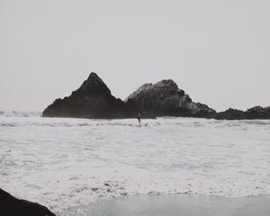 Preview wallpaper sea, waves, surfer, rocks, beach