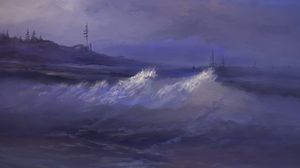 Preview wallpaper sea, waves, trees, art, purple