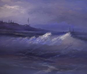 Preview wallpaper sea, waves, trees, art, purple
