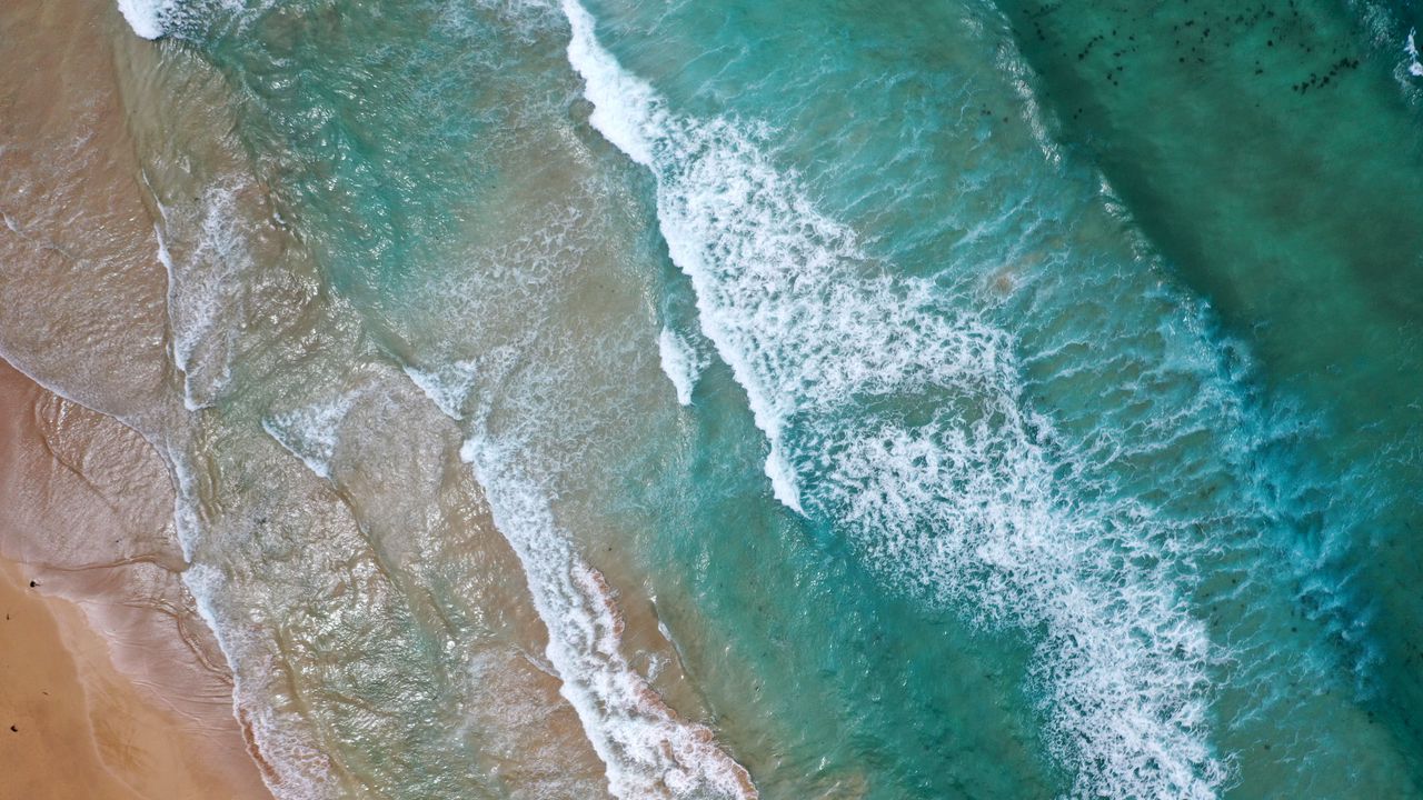 Wallpaper sea, waves, water, beach, sand, aerial view