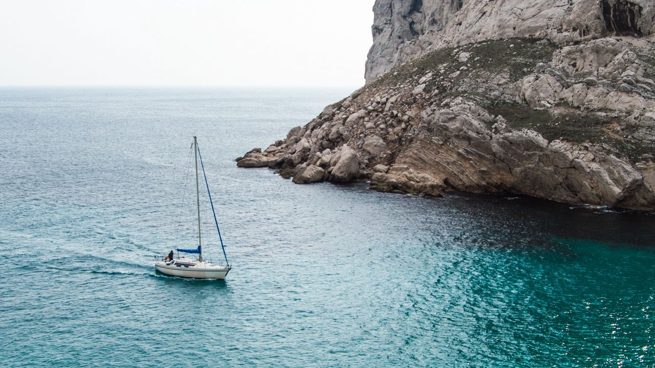 Wallpaper sea, yacht, rocks, water, stones