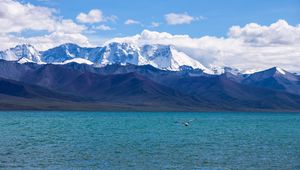 Preview wallpaper seagull, sea, mountains, flight