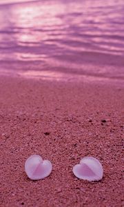 Preview wallpaper seashells, beach, heart, sand, pink