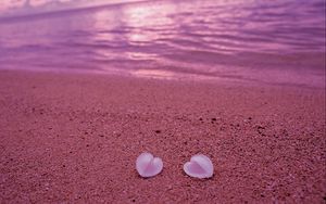Preview wallpaper seashells, beach, heart, sand, pink