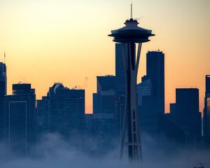 Preview wallpaper seattle, buildings, skyscrapers, architecture, city, fog, dawn