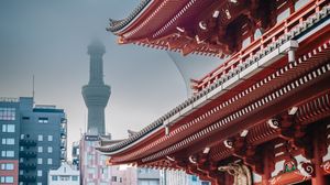 Preview wallpaper sensoji, tokyo tower, temple, tower, japan